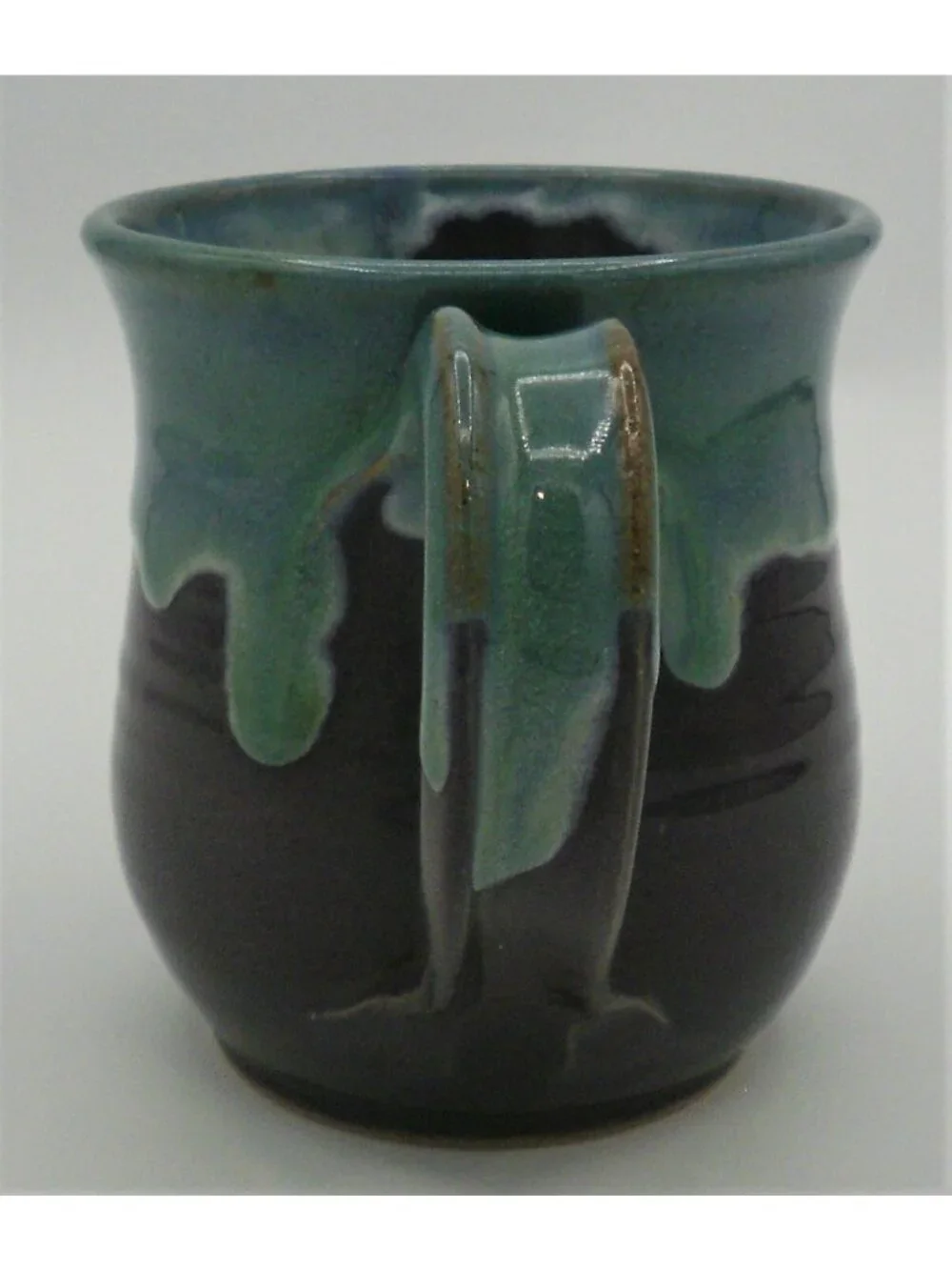 Hand Thrown Art Pottery Mug Teal Drip Over Purple Signed Violet Williams 1994